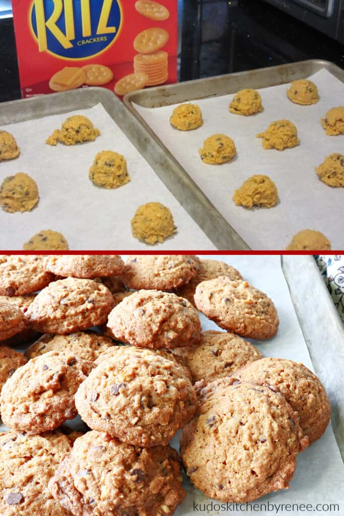 A vertical photo collage of how to make Butterscotch Ritz Cookies with baked cookies for the bottom image.