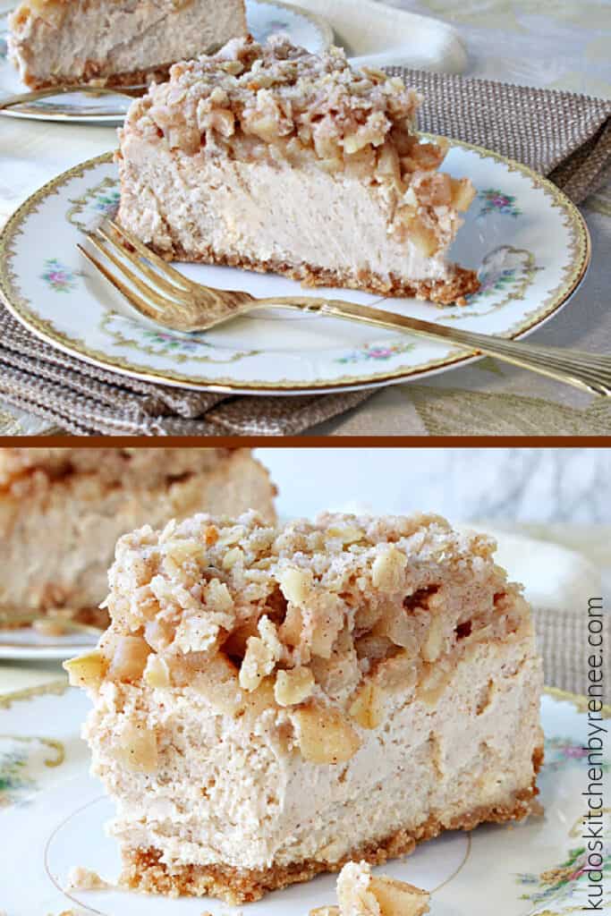 A vertical collage with two images of Dutch Apple Cheesecake both on china plates.