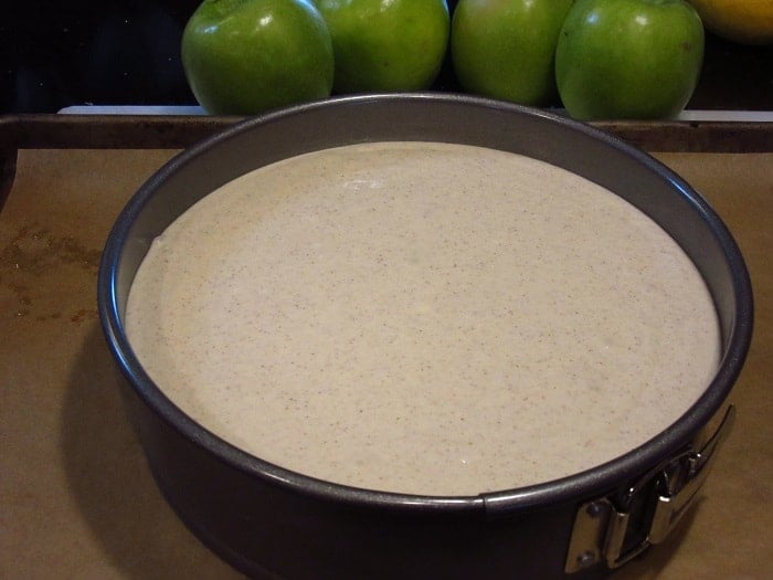 Cheesecake filling in a springform pan ready for baking.