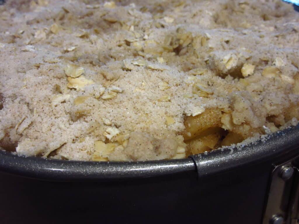 A baked streusel topping on top of a cheesecake.