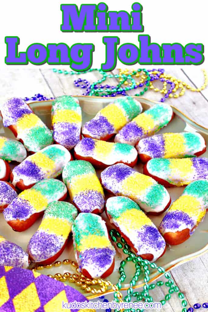 A vertical closeup image of a plate of Mini Long Johns along with a title text overlay graphic and mardi gras beads.