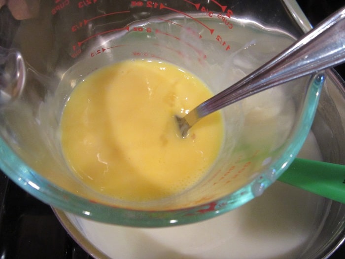 Thickened eggs for making a custard base for a pie.