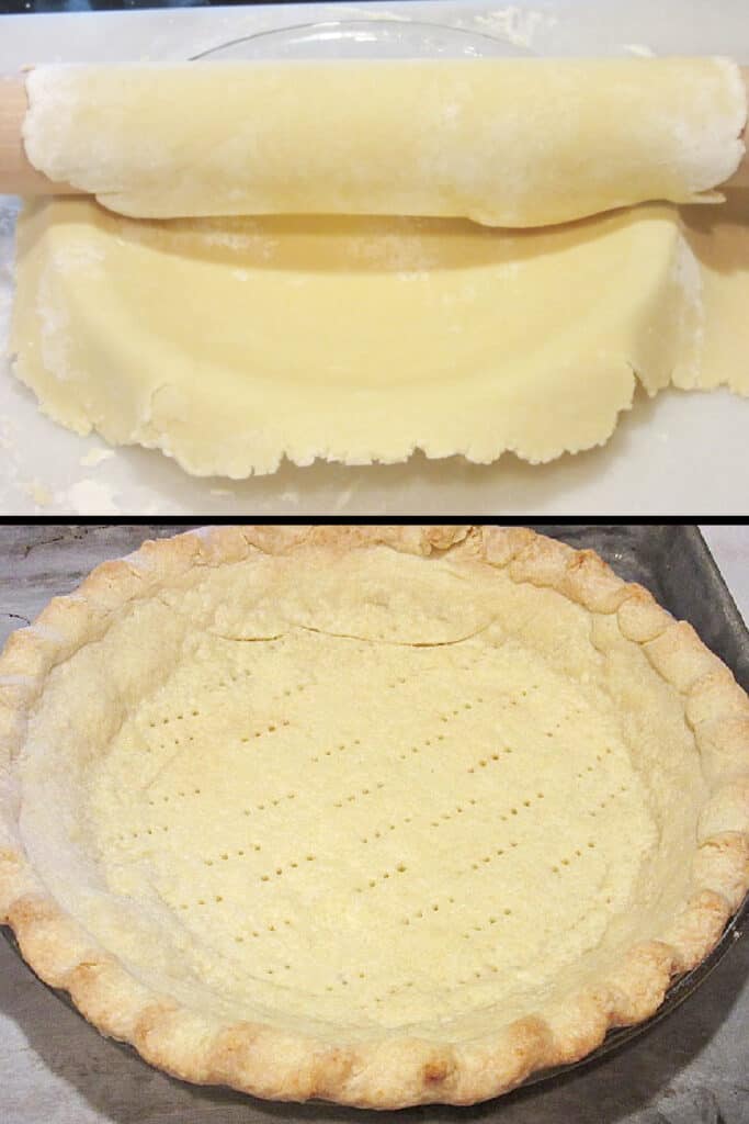 A vertical collage image of Mom's Homemade Pie Crust with one image being unbaked and the other image being baked.