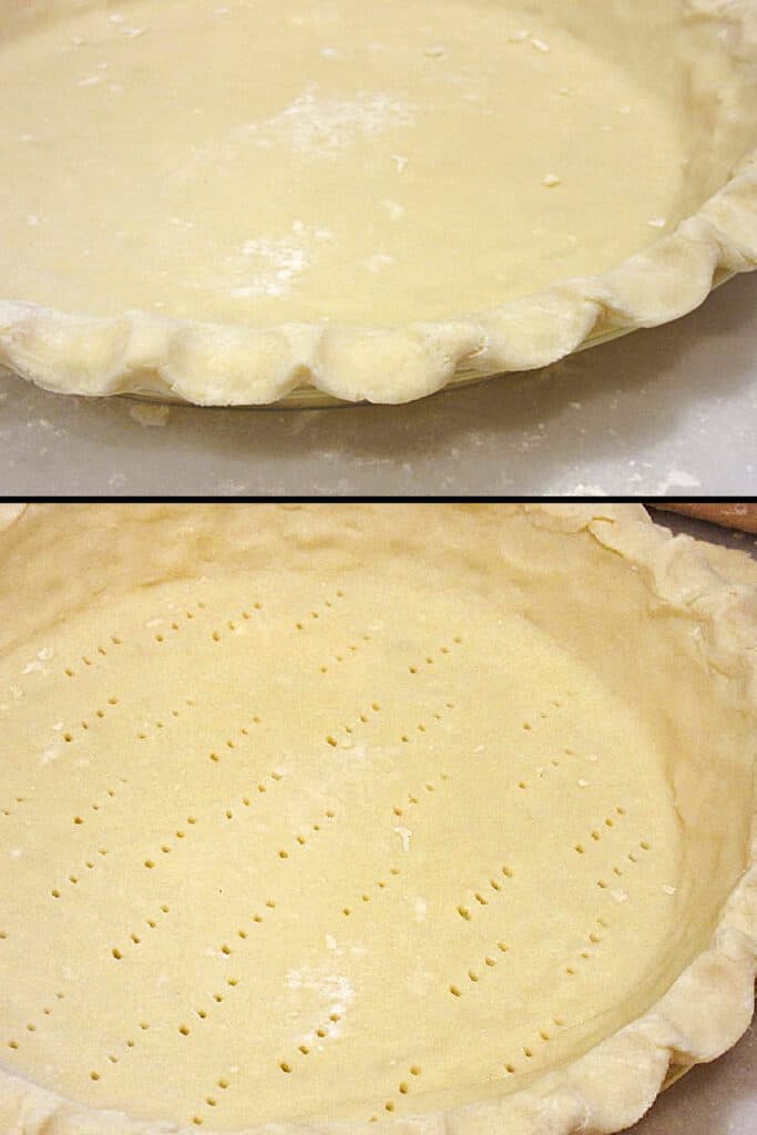 A vertical collage image of how to make homemade pie crust with two images of unbaked dough in a pie plate.