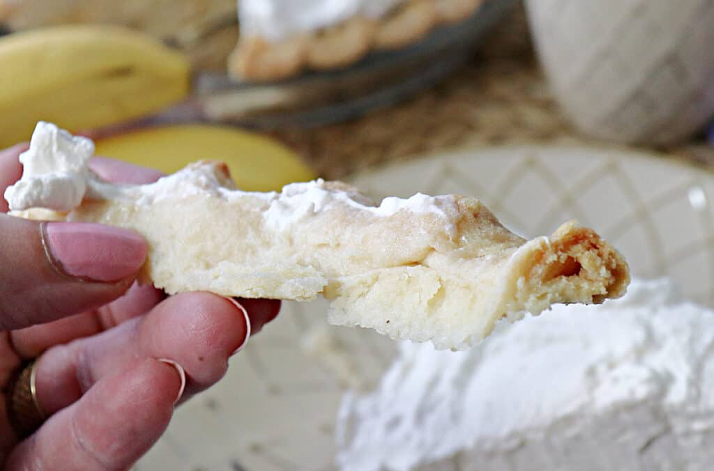 A closeup horizontal photo of a hand holding a piece of homemade flaky pie crust.