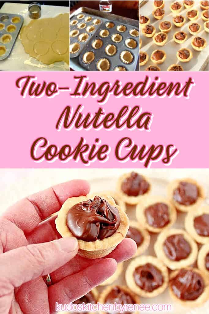 A vertical photo collage of cookie cups filled with hazelnut chocolate spread along with a title text overlay graphic in brown, pink, and white.