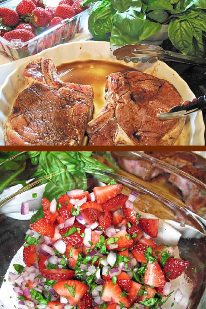 A vertical collage of two images detailing how to make Pork Chops with Strawberry Relish.