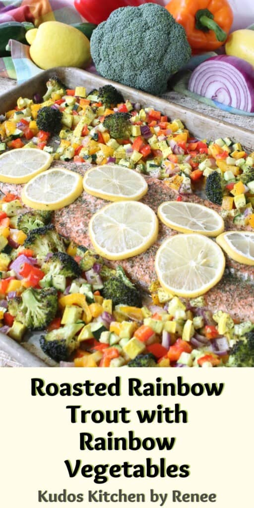 A Pinterest image of Roasted Rainbow Trout with Roasted Vegetables with title text.