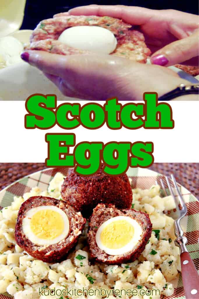 A vertical collage image of how to make Scotch Eggs along with a title text overlay graphic in the center.