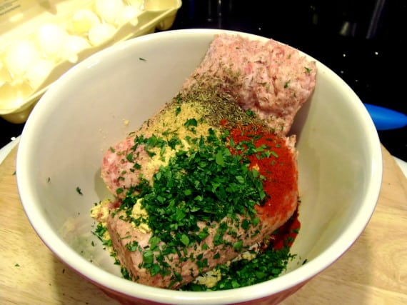 Ingredients for making the sausage of Scotch Eggs in a bowl.