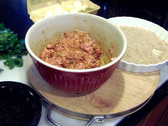 Ingredients for making the sausage of Scotch Eggs in a bowl.