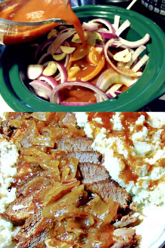 A vertical collage image of how to make a Slow Cooker Beef Brisket.