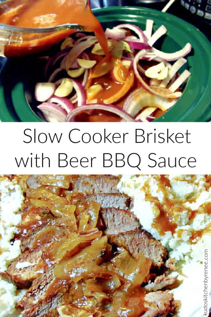 A vertical photo collage of how to make a Slow Cooker Beef Brisket along with a title text overlay graphic in the center.