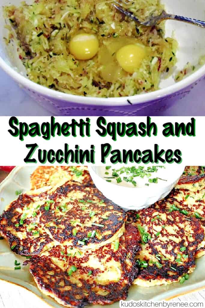 A vertical photo collage of how to make Spaghetti Squash and Zucchini Pancakes with a title text overlay graphic in the center.