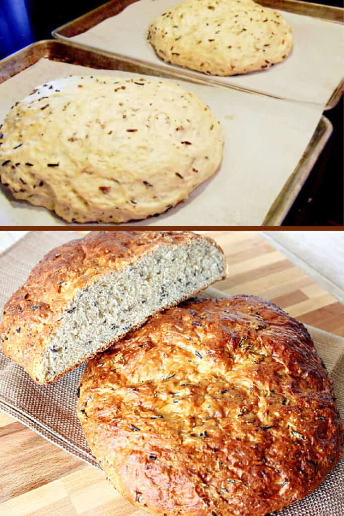 A vertical photo collage of how to make Wild Rice Bread with Onions with the top being dough, and the bottom being baked loaves.