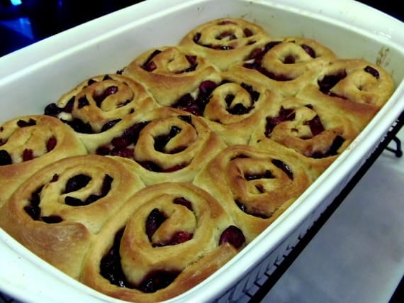 Baked Cherry Sweet Rolls in a baking dish.