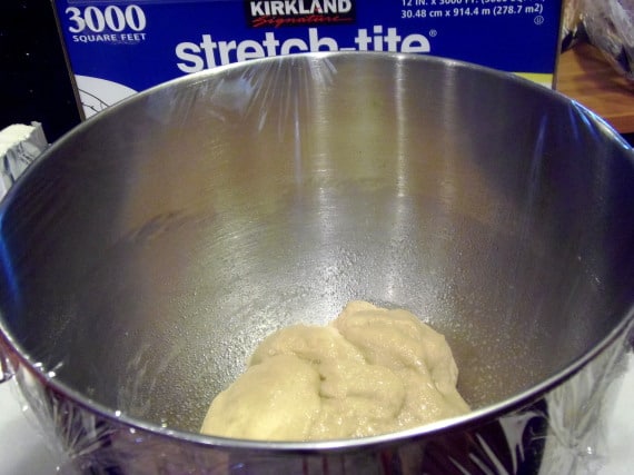 Dough in the bowl of a stand mixer.