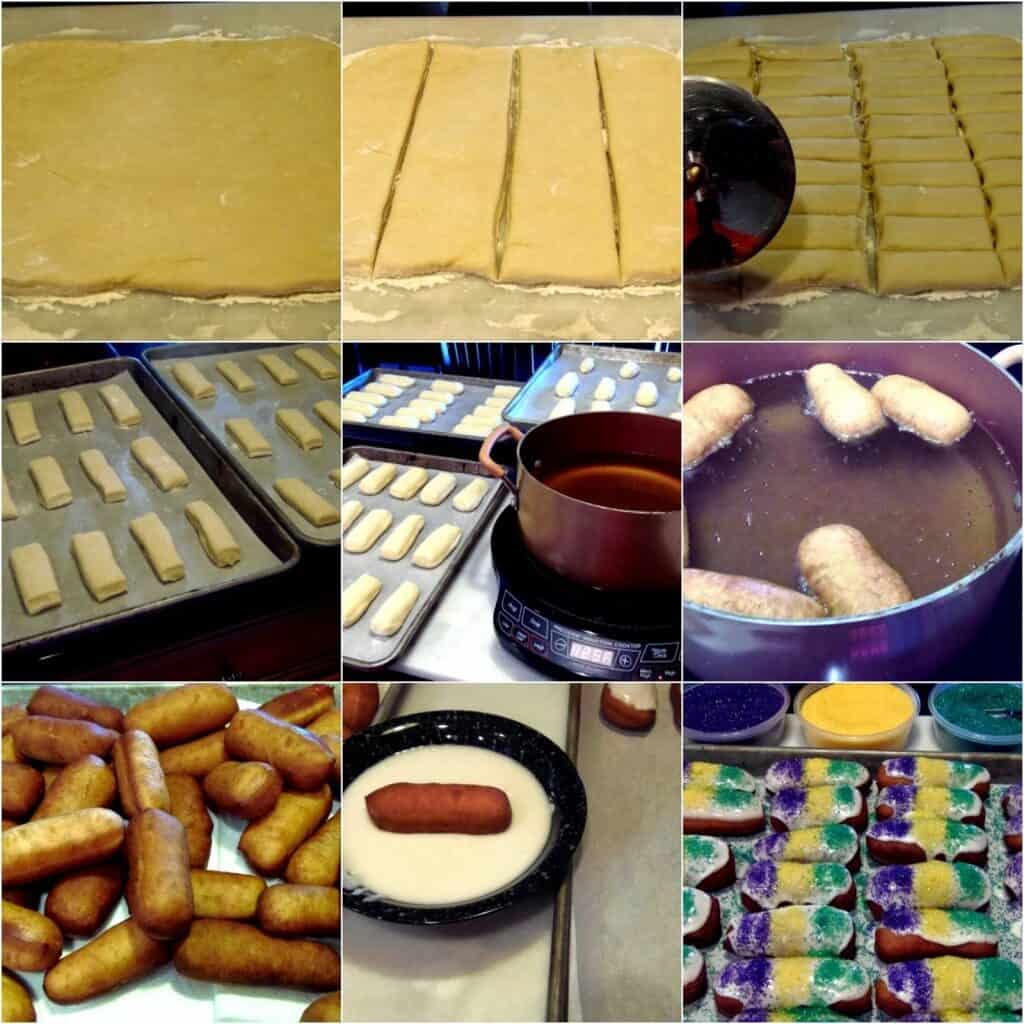 Photo collage of how to fry Mini Long Johns with a glaze and colorful sanding sugar.