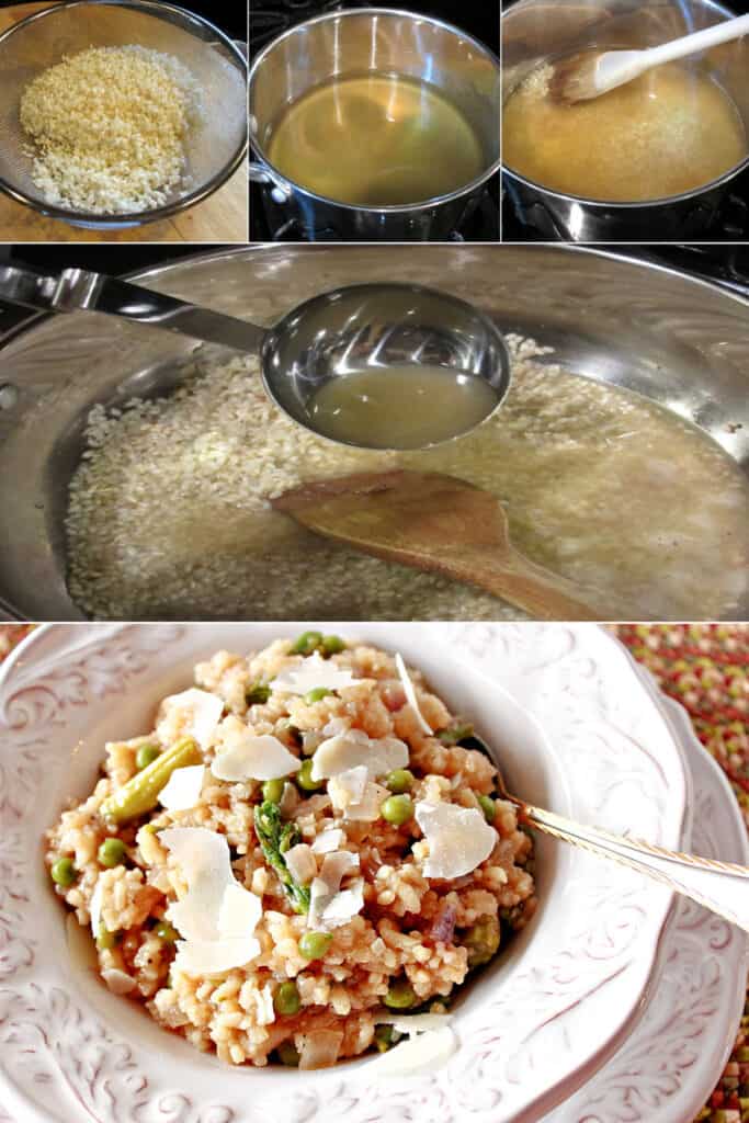 A vertical collage with 7 images of how to make Asparagus and Pea Risotto.