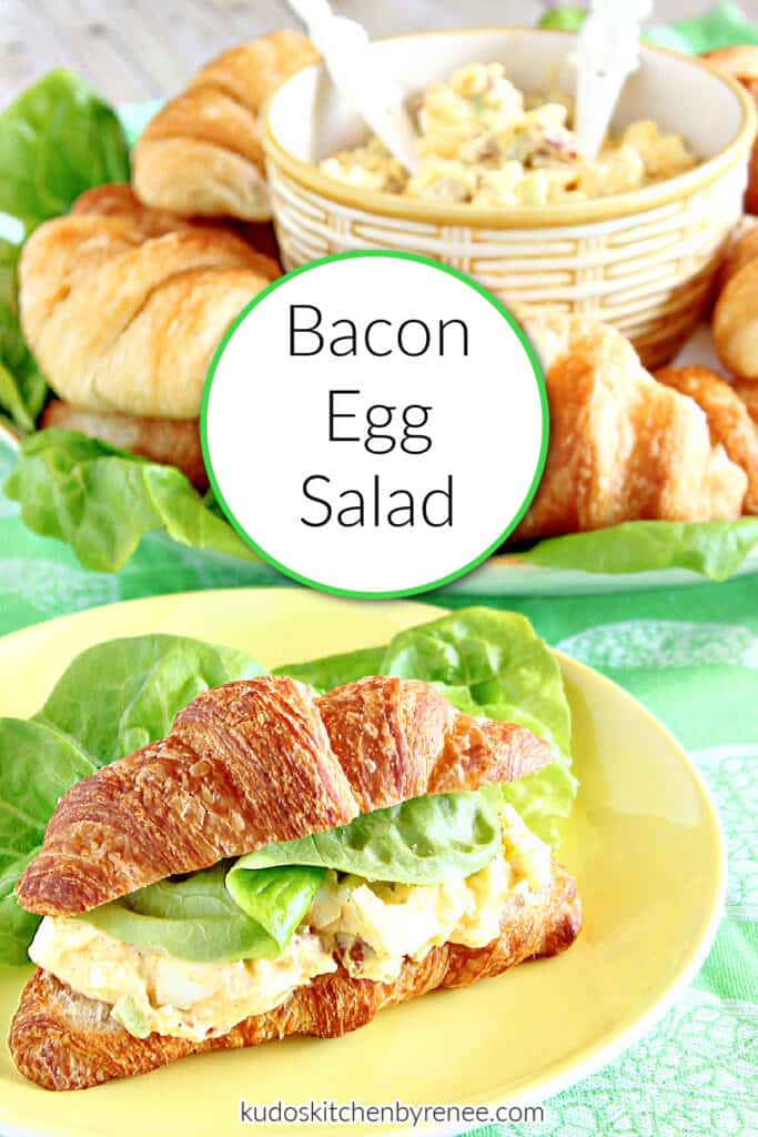 A vertical closeup along with a title text overlay graphic for Bacon Egg Salad on a yellow plate with green lettuce leaves.