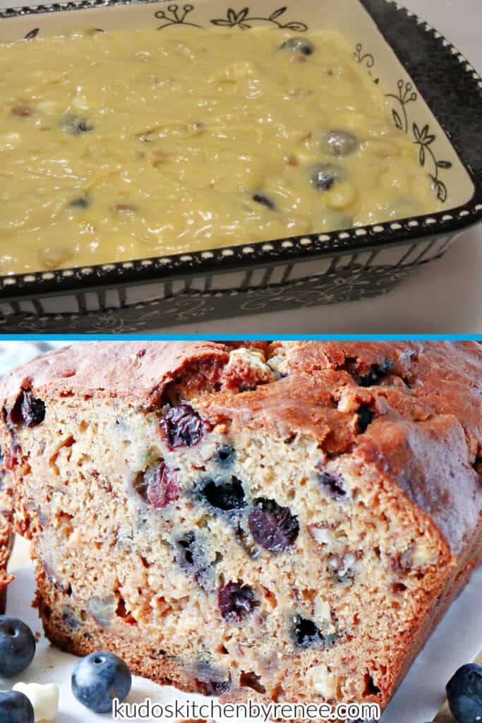 A vertical two image collage of Blueberry Banana Quick Bread. The top image is of the unbaked loaf and the bottom image is baked.