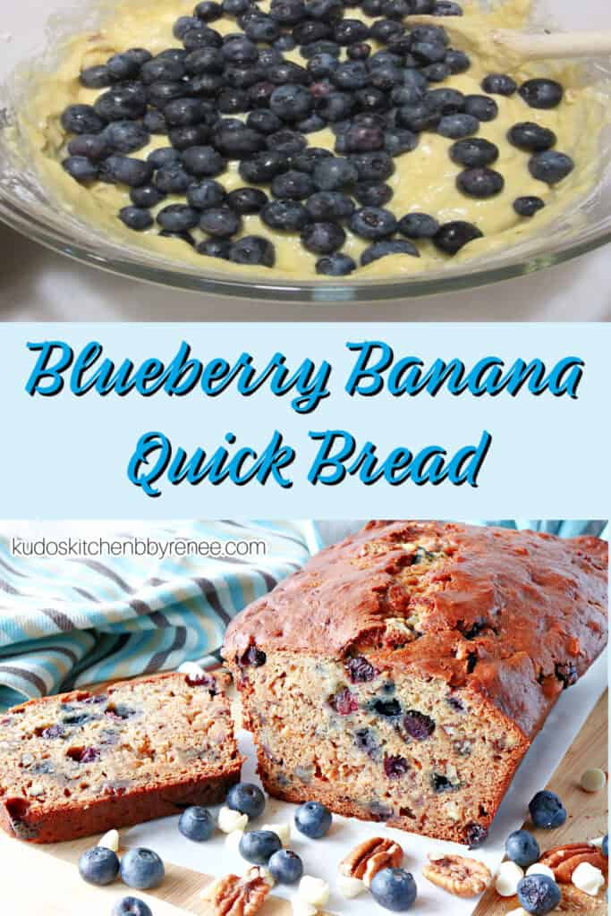 A two image Pinterest collage for Blueberry Banana Quick Bread along with a title text.