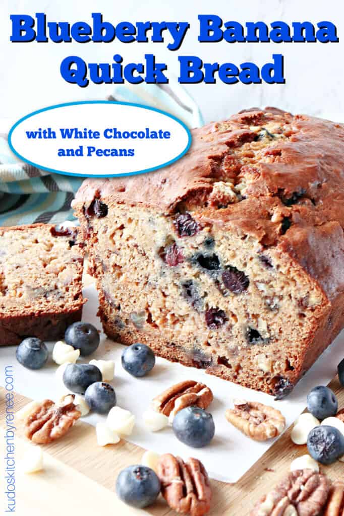 A Pinterest pin for blueberry banana quick bread along with a title text.