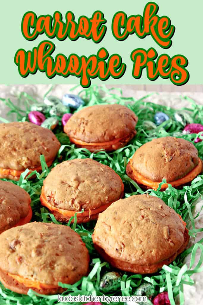 A closeup vertical image along with a title text overlay graphic for Carrot Cake Whoopie Cakes.