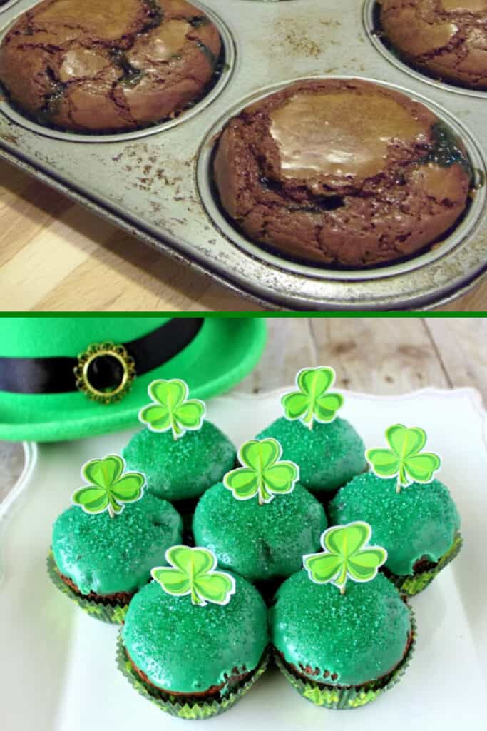 A vertical collage image of Chocolate Mint Brownie Cupcakes. The top image in a cupcake tin and the bottom image of them on a plate with green icing.