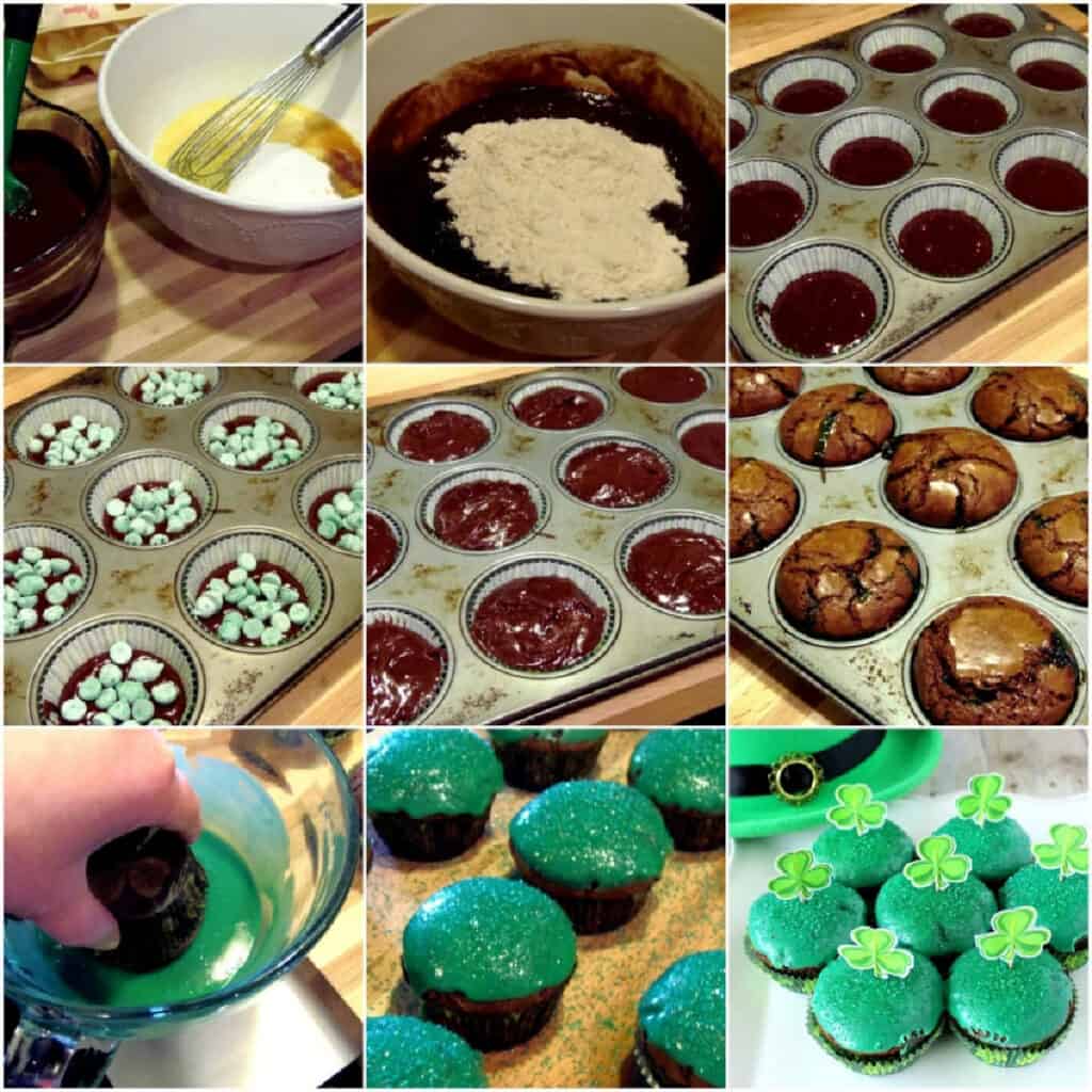 A nine collage image of how to make Chocolate Mint Brownie Cupcakes.