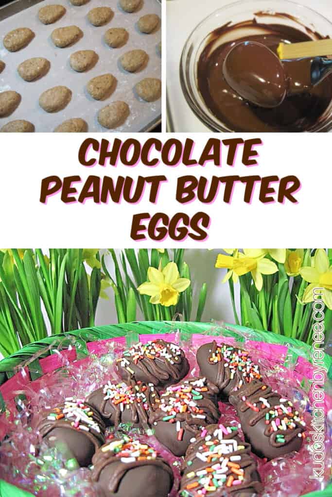 A vertical photo collage with prep photos of how to make Chocolate Peanut Butter Eggs along with a title text overlay graphic.