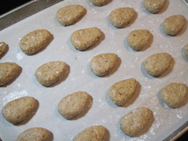 Egg shaped peanut butter eggs before being dipped in chocolate.