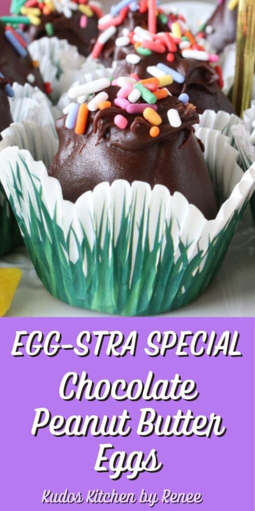 A Pinterest image for Egg-Stra Chocolate Peanut Butter Eggs.