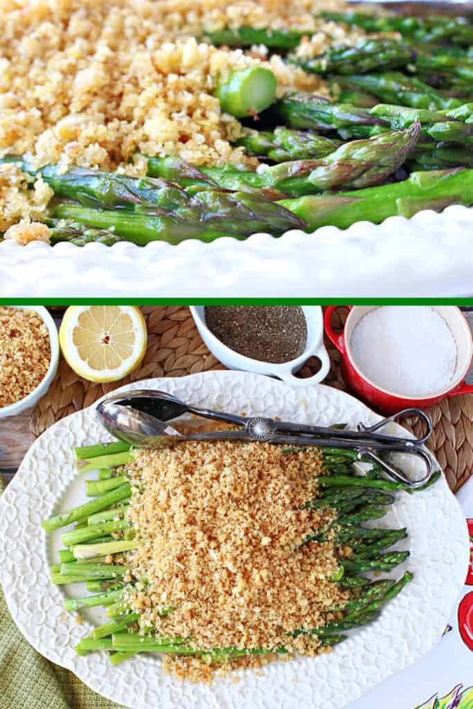 A vertical two collage image of Asparagus with Breadcrumbs, the top being a closeup and the bottom being an overhead view.