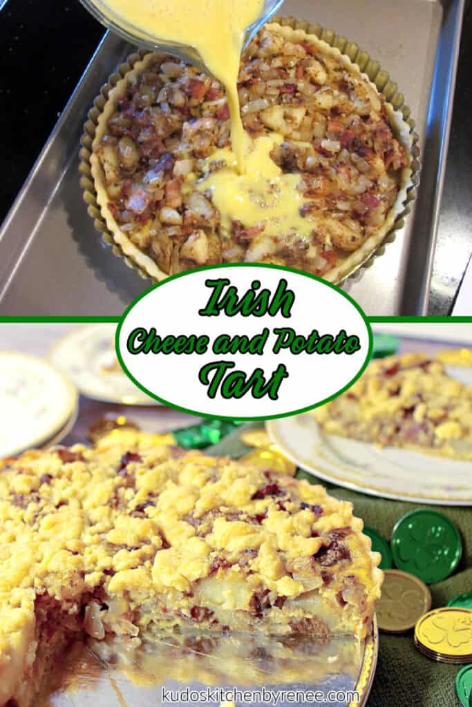 A vertical photo collage of how to make an Irish Cheese and Potato Tart with a process shot and a finished shot along with a title text overlay graphic.