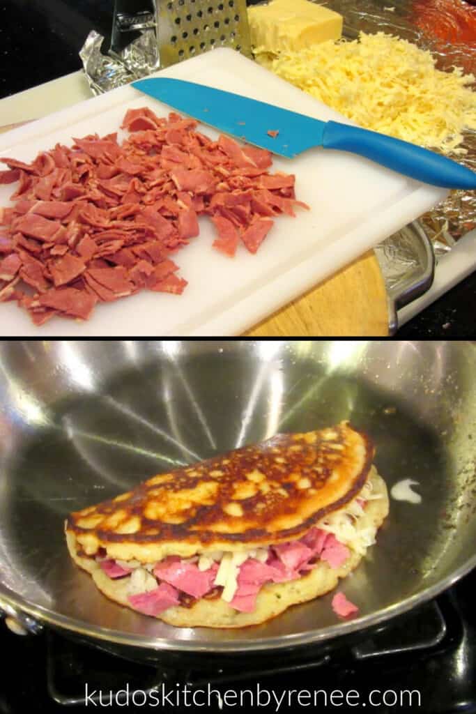 A vertical collage image of how to make and Irish Corned Beef Boxty. One prep photo on a cutting board and one prep photo in the skillet.