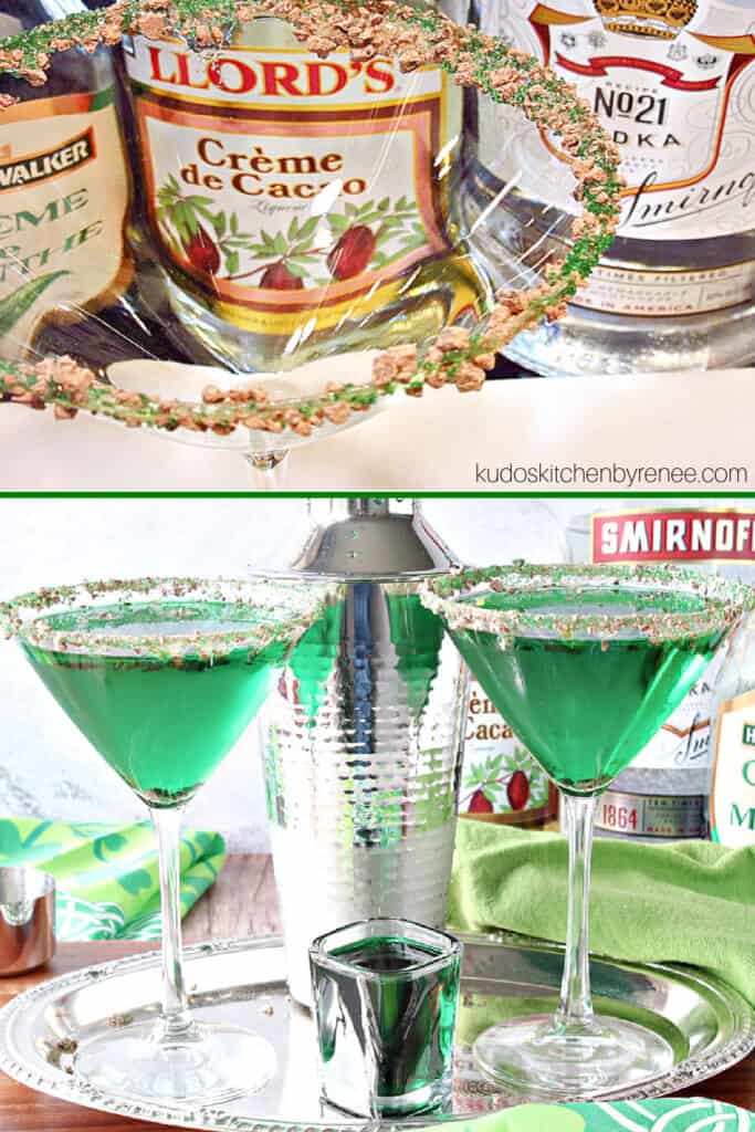 A vertical collage image of the rim and the completed martini of Irish Grasshopper Cocktails with chocolate and green sugar rim.