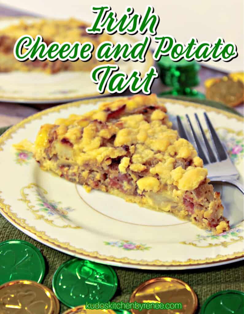 A vertical image of a slice of Irish Cheese and Potato Tart on a plate with a fork including a title text overlay graphic.