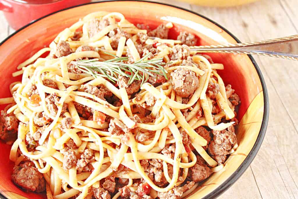 An offset horizontal photo of a bowl of Linguine with Lamb with a sprig of rosemary on top along with a fork in the bowl.