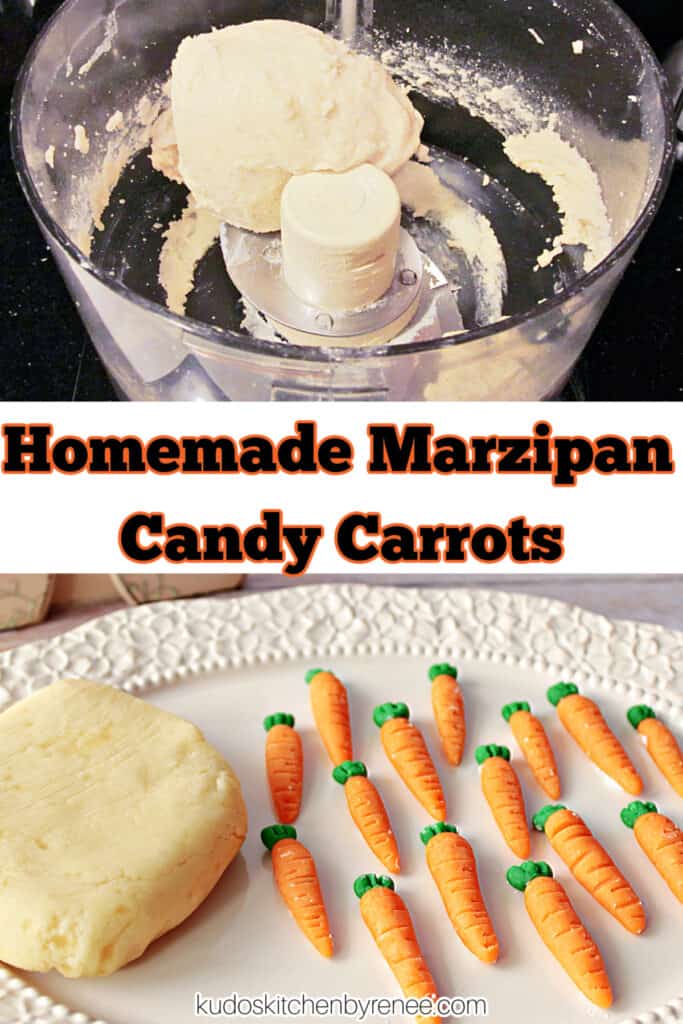 A vertical collage image of marzipan candy carrots and the almond paste in a food processor along with a title text overlay graphic.
