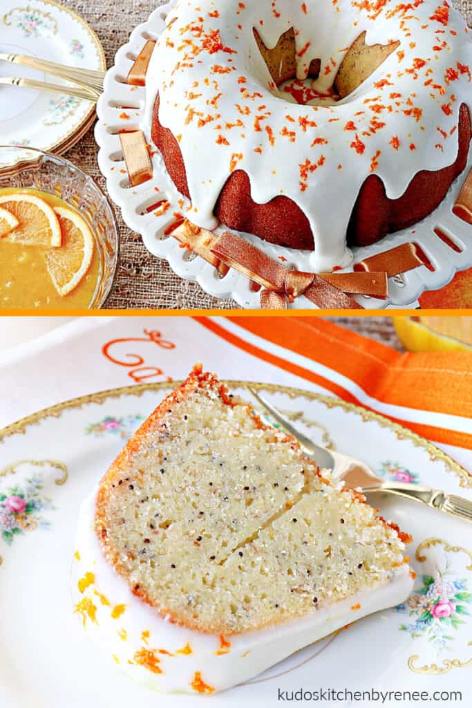 A vertical collage image of two views of Orange Bundt Cake one whole, and one slice.