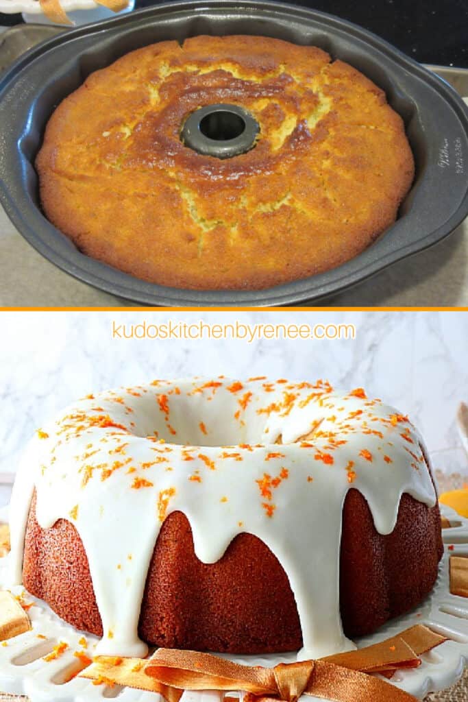 A vertical collage image of two Orange Bundt Cakes. One in a pan, and one iced and on a cake plate.