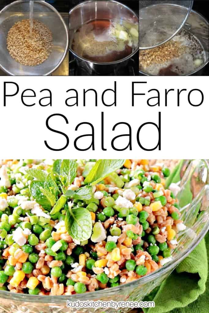 A vertical collage image along with a title text overlay graphic for Pea and Farro Salad.