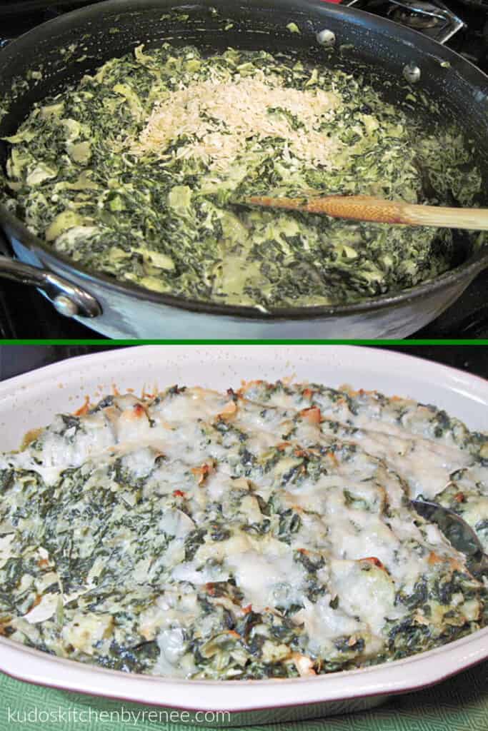 A vertical collage image with two photos of Spinach Artichoke Dip. One covered with melted cheese, and the other in a skillet being prepared.