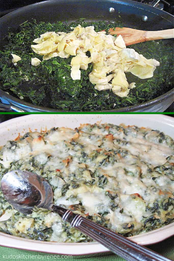 A vertical collage of two images of Cheesy Spinach and Artichoke Dip. One in preparation, and the other is the completed dish with a spoon.