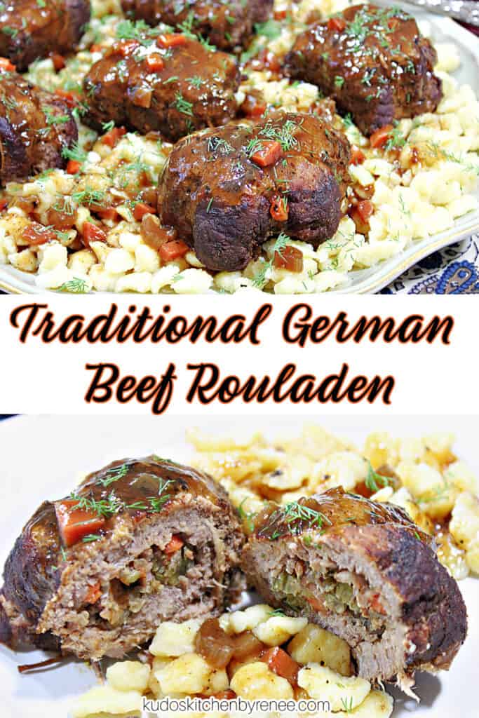 A vertical photo collage with a title text overlay graphic of Traditional German Beef Rouladen with carrots, dill, and gravy.