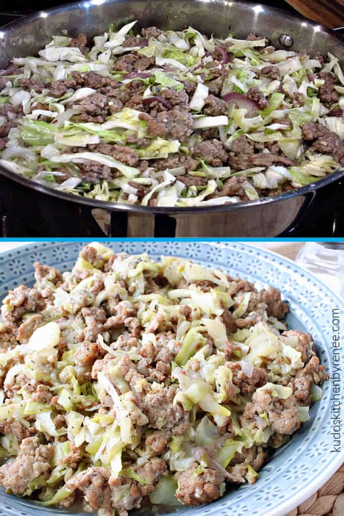 A vertical collage image of two pictures of Ground Pork and Cabbage Skillet. One in a skillet and on in a blue bowl.