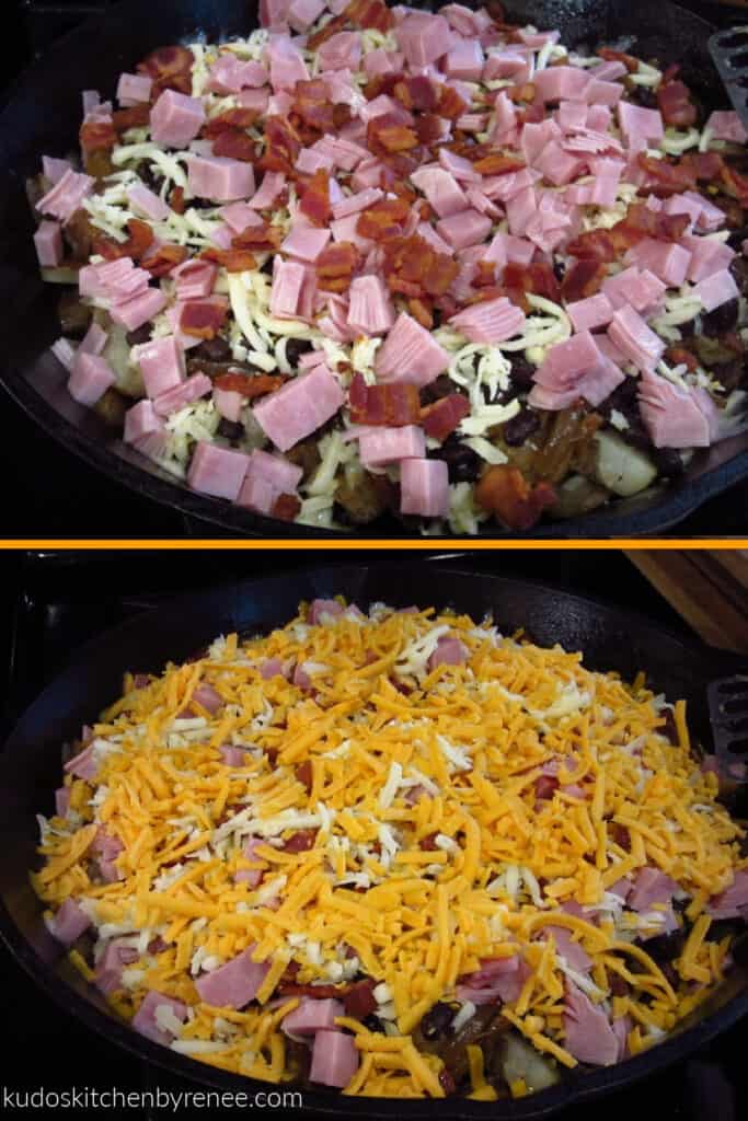 A vertical photo collage of prep photos of the making of Loaded Skillet Potatoes.