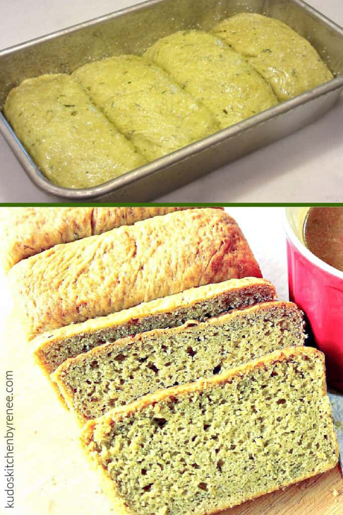 A vertical photo collage of Avocado Yeast Bread along with a process photo and a completed loaf of bread.