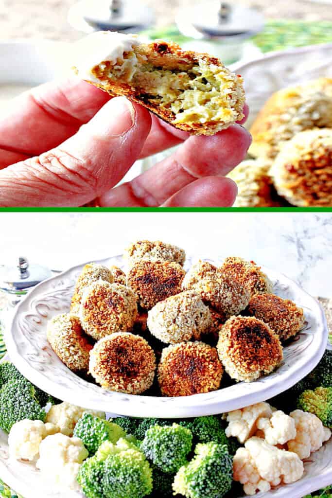 A vertical collage image of Broccoli Cauliflower Vegetable Tots with one photo being a bite and one photo being a bowlful.